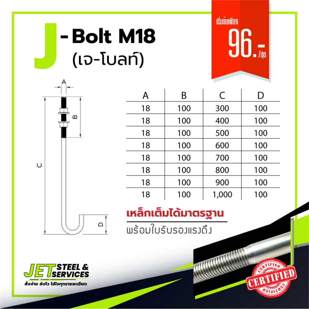 J-bolt M18 เหล็กเจโบลท์ J bolt เจโบลท์ 18มม.