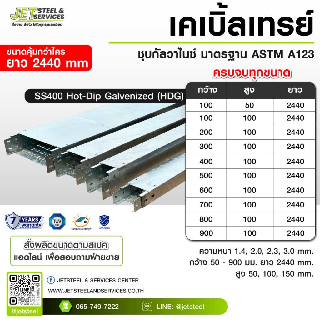 รางเดินสายไฟ Cable Tray SS400 HDG มาตรฐานอุตสาหกรรม ความยาว 2440 มม.