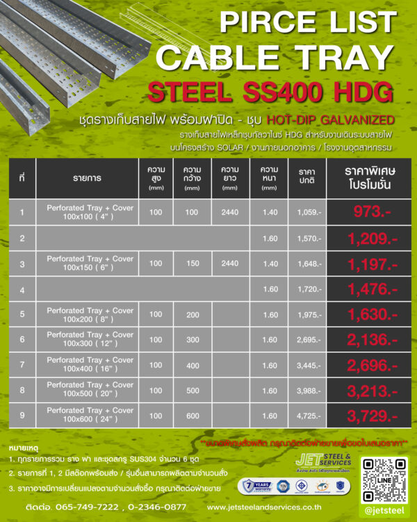 ตารางราคาสินค้า Cable Tray พร้อมฝาปิด เหล็กชุบกัลวาไนซ์ SS400 HDG สำหรับงานโซลาร์และโรงงานอุตสาหกรรม