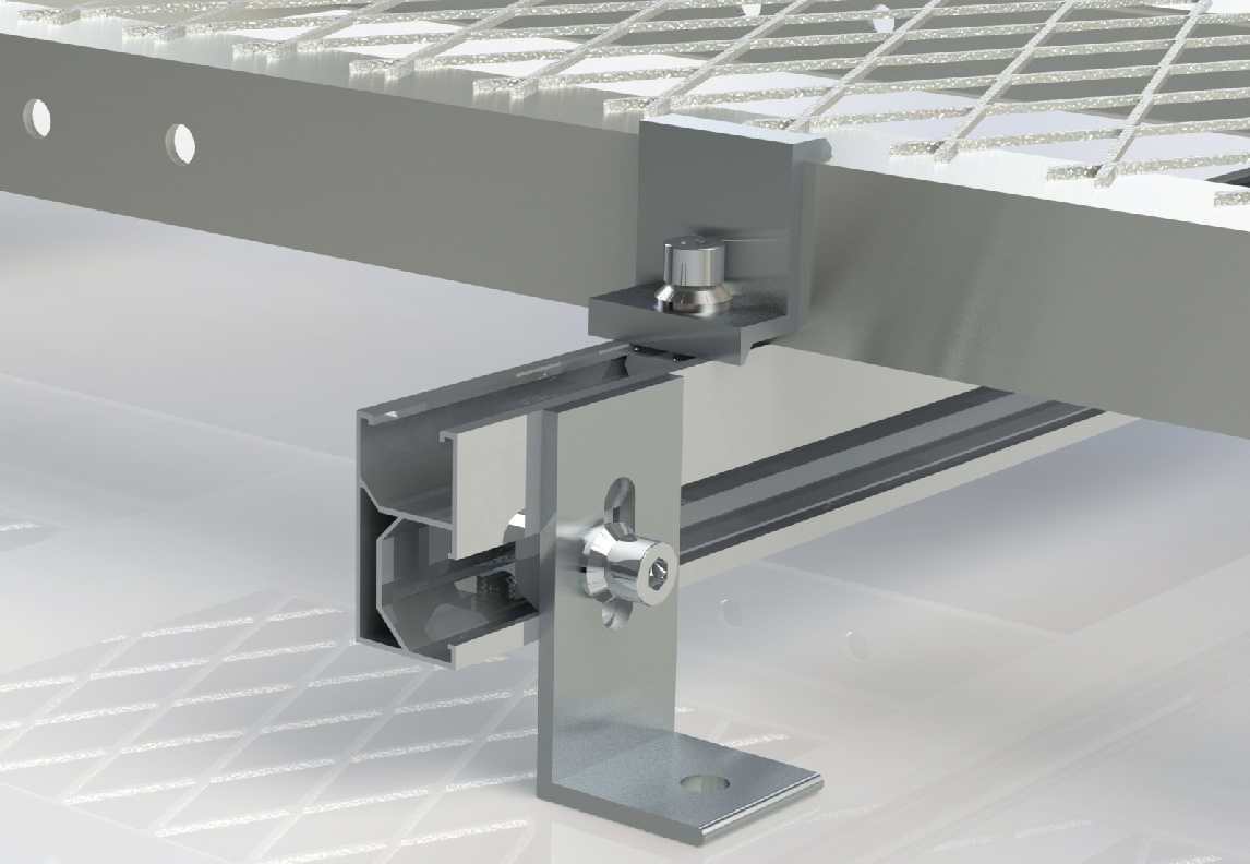 ชุดยึดตะแกรงเหล็ก walkway clamp สำหรับงาน solar rooftop พร้อม support bracket โครงเหล็กสำเร็จรูป