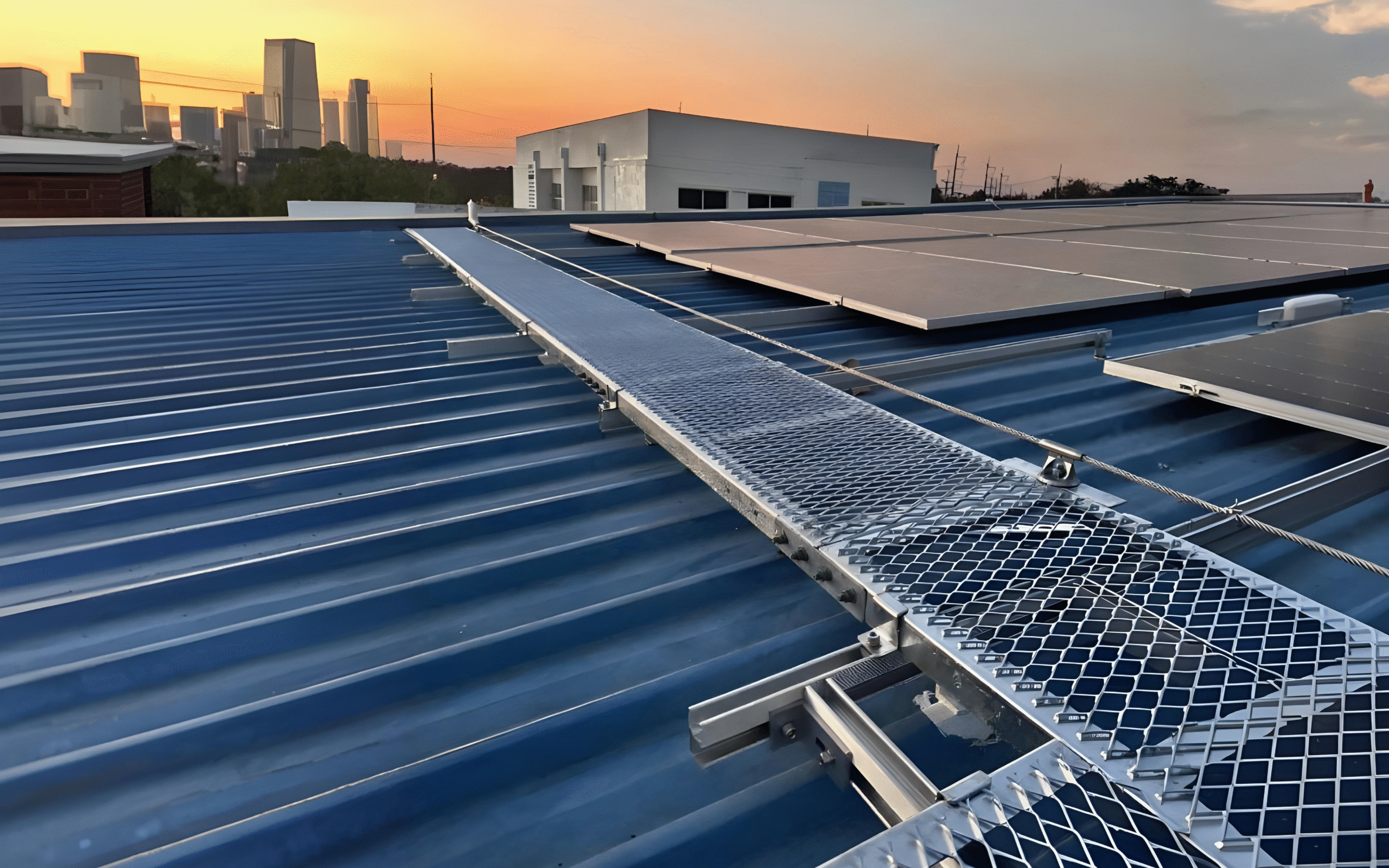 แผ่น Walkway ทางเดินเหล็กกันลื่นสำหรับหลังคา Solar Rooftop ใช้ติดตั้งบนเมทัลชีทด้วยขายึดเฉพาะ รองรับน้ำหนักได้ดี ปลอดภัยในการใช้งาน ผลิตจากเหล็กชุบ HDG กันสนิมในทุกสภาพอากาศ มีให้เลือกหลายขนาด พร้อมบริการออกแบบติดตั้งตามพื้นที่จริง ใช้ได้กับงานไฟฟ้า เดินสาย ตรวจเช็คแผง