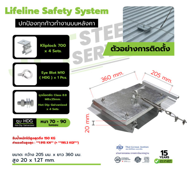 Horizontal Lifeline ขนาด 360 มม. ระบบกันตกแนวนอน ปลอดภัยบนหลังคา Solar Rooftop