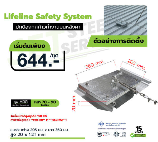 Horizontal Lifeline ขนาด 360 มม. ระบบราวสลิงกันตกแนวนอน ปลอดภัยสำหรับงาน Solar Rooftop