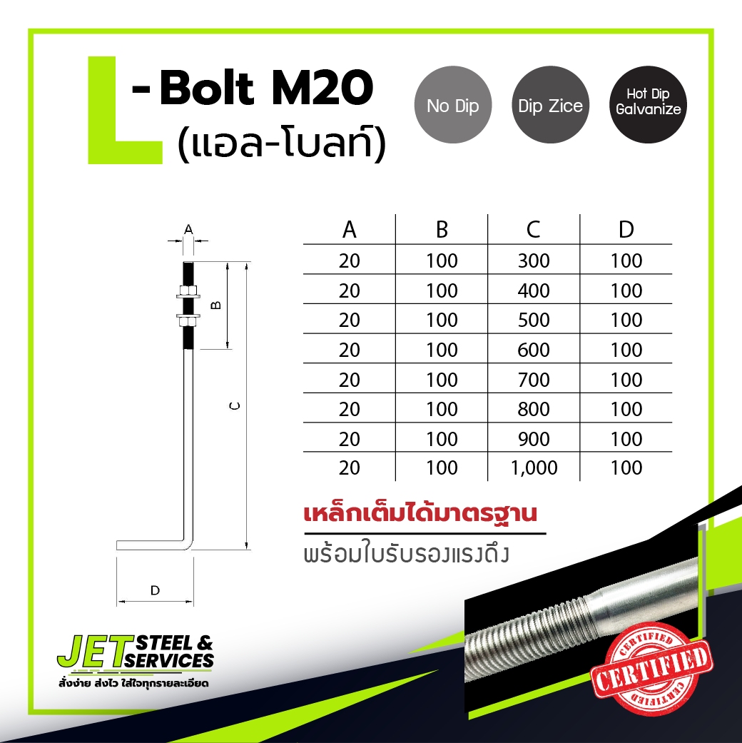 L-bolt M20 เหล็กแอลโบลท์ L bolt แอลโบลท์ 20มม.